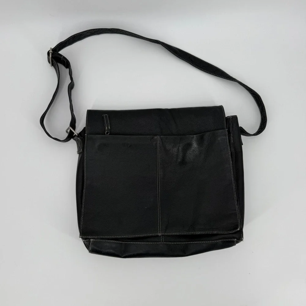 Black Genuine Leather Messenger Bag Crossbody White Stitching Organizer Pocket